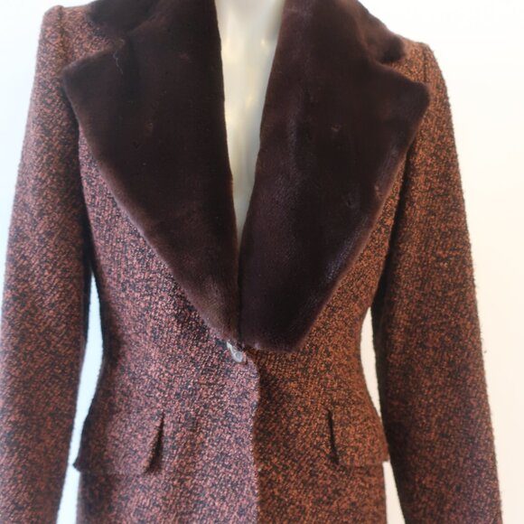 Yves Saint Laurent Black Brown Tweed Boucle Wool Blend Faux Fur Jacket Coat 6 - Picture 7 of 16